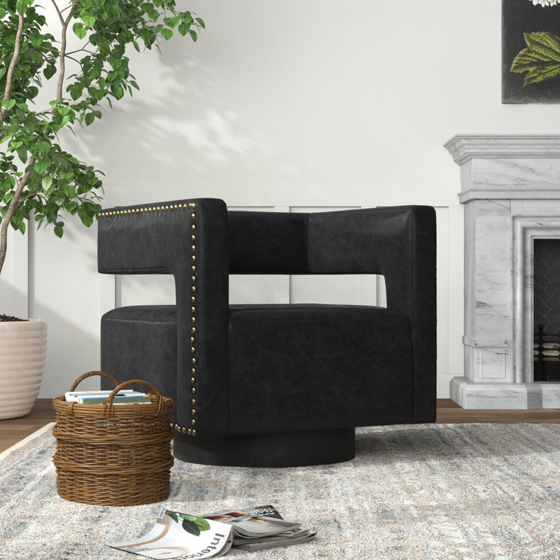 Ahbree Faux Leather Swivel Barrel Chair, Black