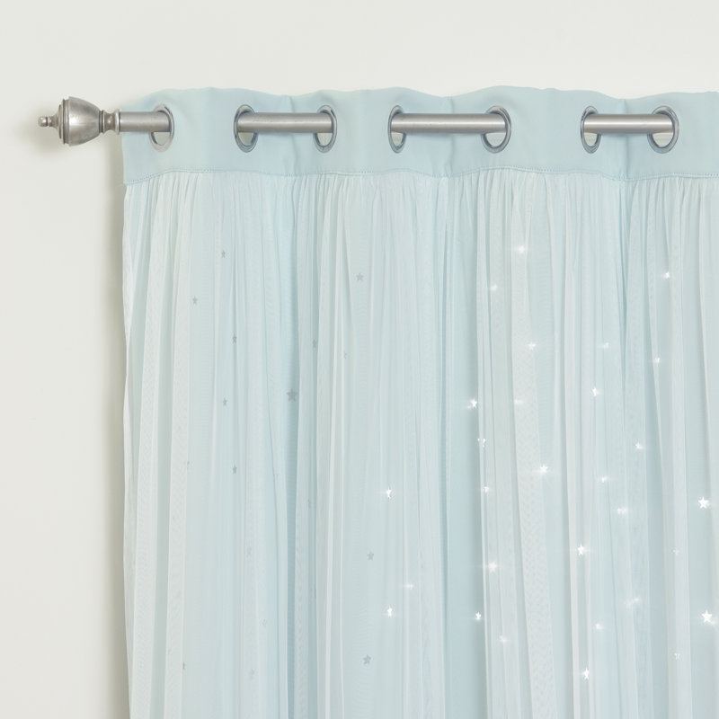 Jenifer Tulle Overlay Star Cutout Solid Room-Darkening Grommet Curtain Panels, Mint, 52" W x 96" L