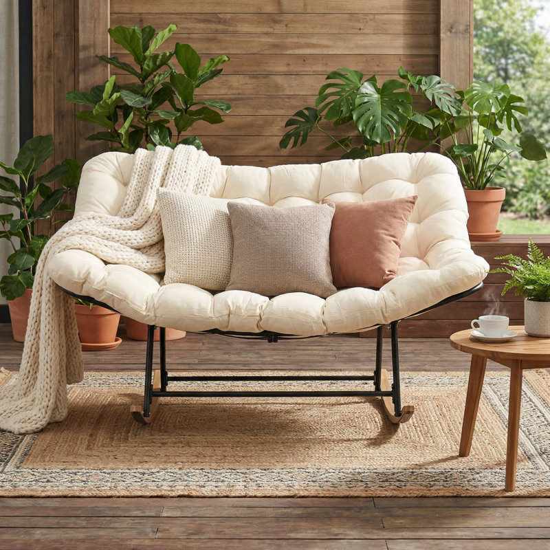 Oversized 2-Person Wooden Base Rocking Chair with 6" Thick Cushions, Indoor/Outdoor Loveseat Rocker, White