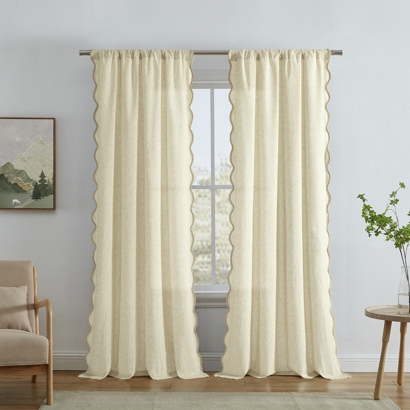 Fasti Tailored Scalloped Edge Semi Sheer Linen Rod Pocket Curtains, 2 Panels, 52" W x 84" H
