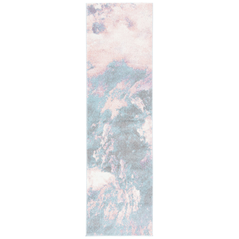 Tapis rose / bleu à motif abstrait Bellflower, Tapis de couloir 2 pi 3 po x 6 pi