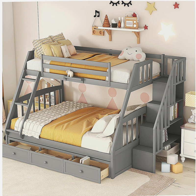 Lit avec tiroirs, échelle et escalier de rangement, lit double superposé, gris, Gris