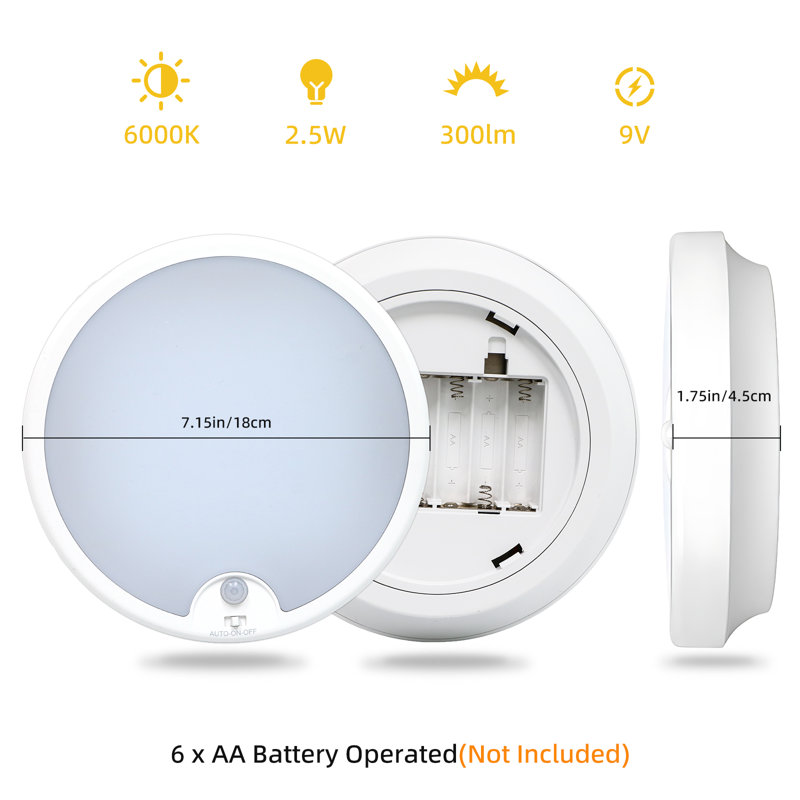 Battery Operated Motion Sensor LED Ceiling Light Fixture, 7 Inch, 6000K Cool White, Wireless Stair Lighting for Pantry Laundry Room Garage Shed Home Safety (Battery Not Included)
