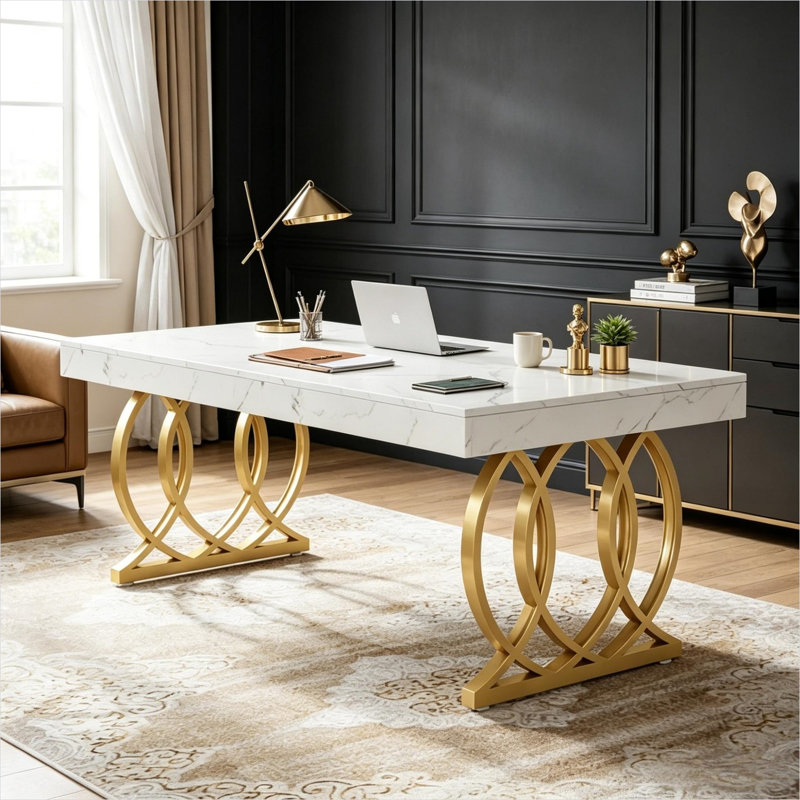 Bureau de direction rectangulaire en MDF blanc avec structure en acier, idéal pour le télétravail, 160 cm (63 po).
