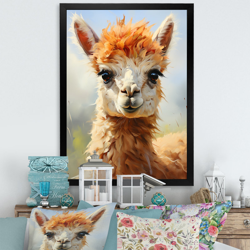 Brun majestueux Alpaca Portrait II - Alpaca, art mural, H 32 po x l 24 po x P 1 po, Cadre photo blanc