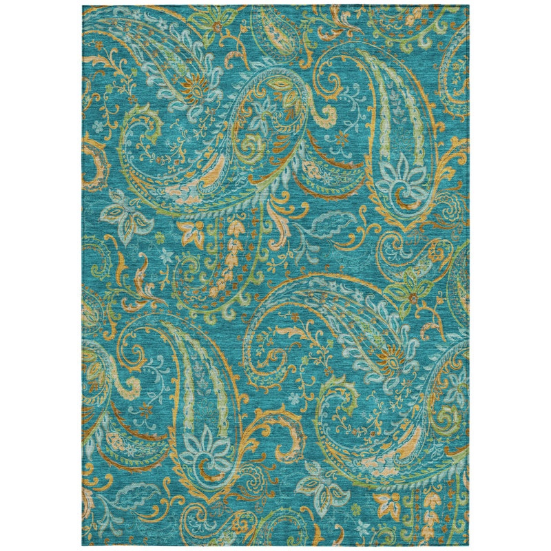 3' X 5' Teal Paisley Washable Non Skid Indoor Outdoor Area Rug