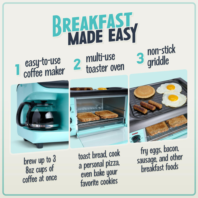 3-in-1 Breakfast Station with Coffee Maker, Non-Stick Griddle, and 4-Slice Toaster Oven