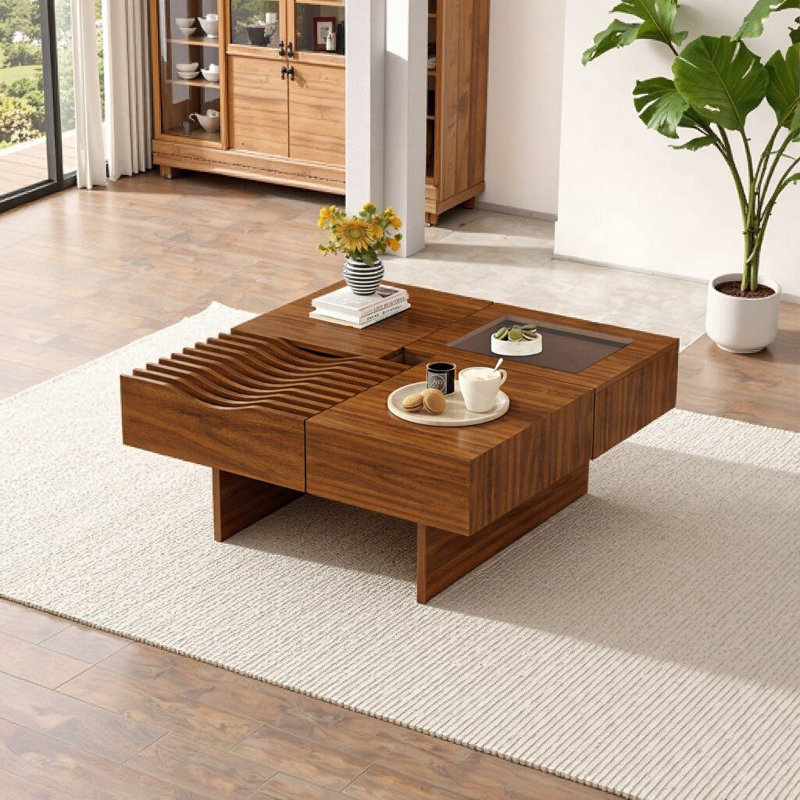 Table basse 33 po Mid-Century moderne: bois massif, 3 tiroirs et verre trempé pour un salon élégant, Brun