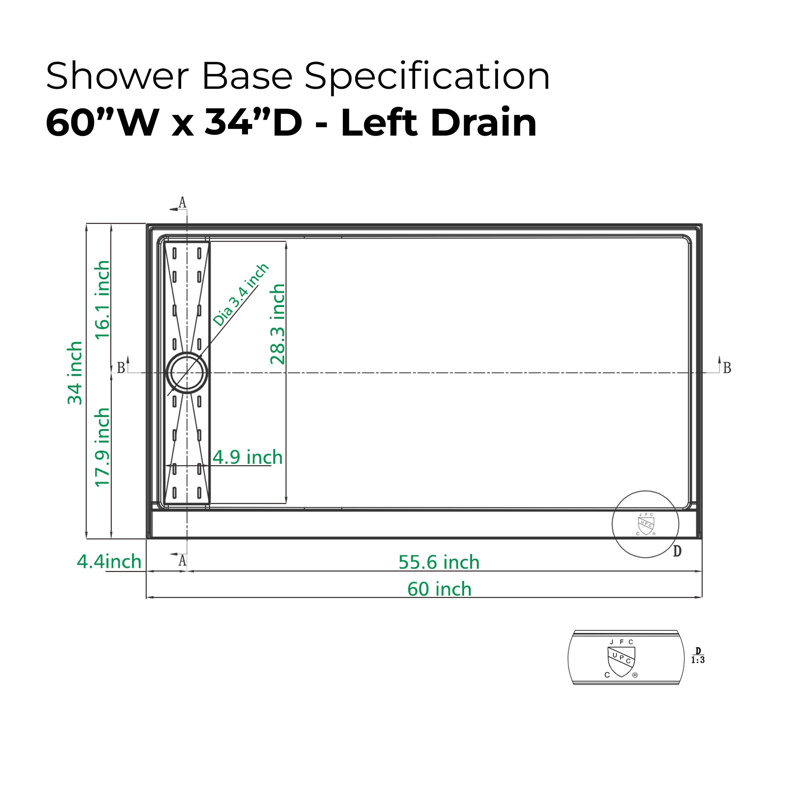 34 In. L X 60 In. W Alcove Shower Pan Base With Left Hand Drain, Left