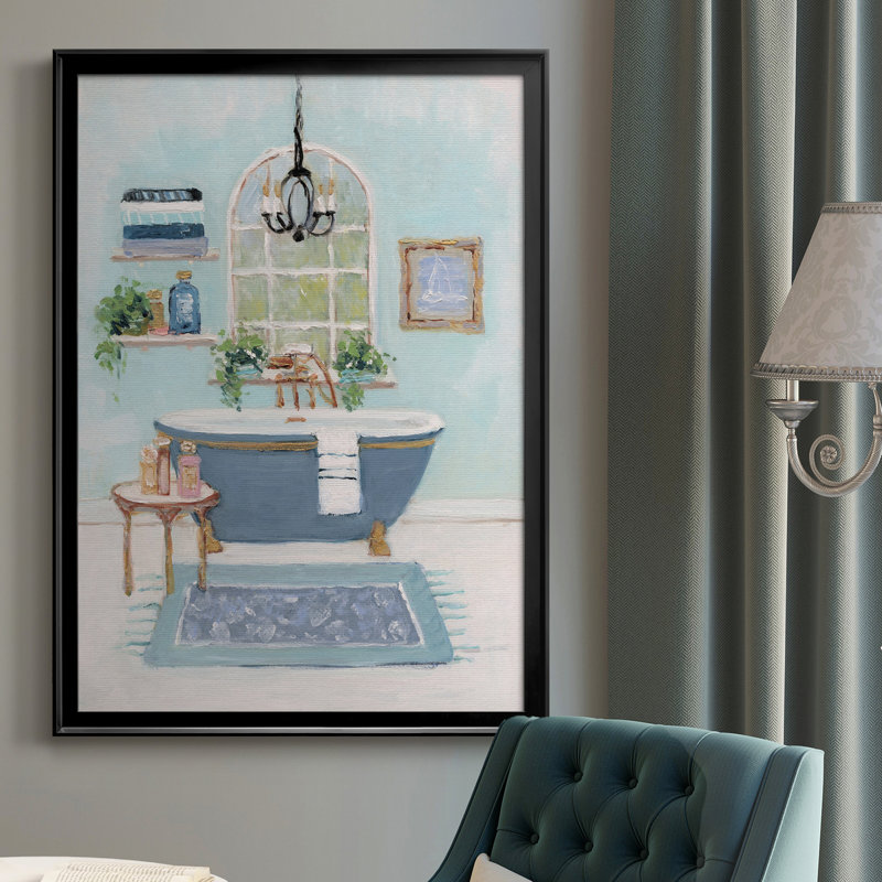 «Blue Bath I», peinture sur toile encadrée, H 26,5 po x l 36,5 po x P 1,5 po, Noir