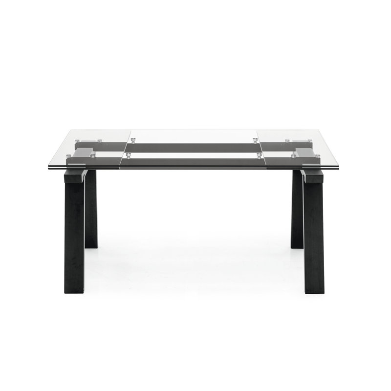 Levante Glass Extendable Table with Wooden Legs, 30"H x 55.13"L x 35.5"W, Clear/Black