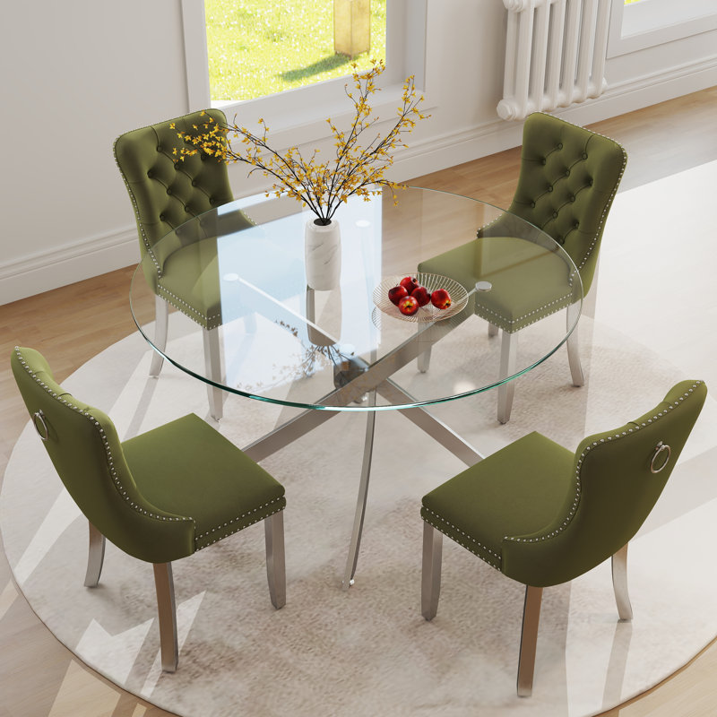 Ensemble de salle à manger Keyari, H 29,5 po x L 47 po x l 47 po, Vert olive, Argent