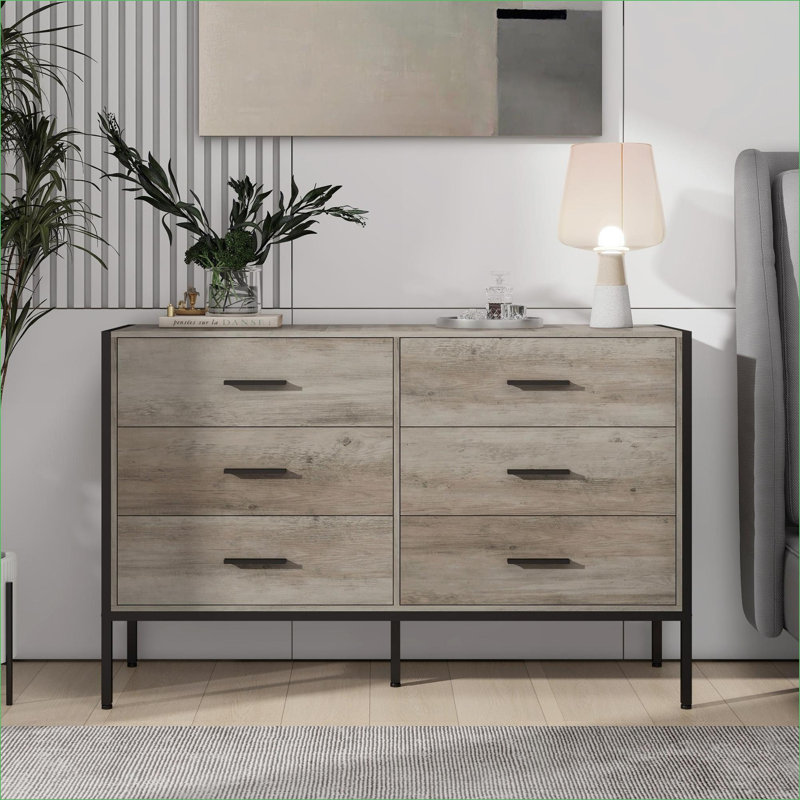 Commodes | Commode de rangement robuste à 6 tiroirs, style rustique, bois d'ingénierie et amp; Structure en acier, 48 pouces, gris ardoise | Panneau de particules | Chambre à coucher