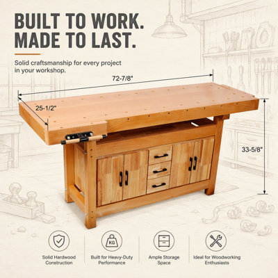 72 Inch Heavy-Duty Hevea Wood Butcher Block Workbench with Storage, Vise, and Bench Dog Holes for Workshop