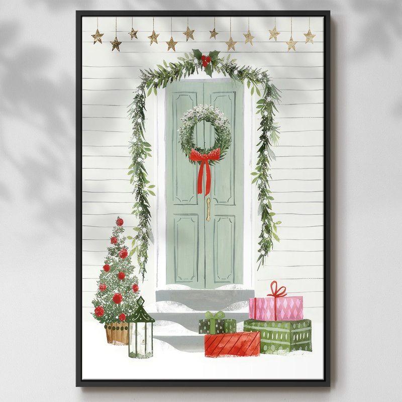 Festive Front Door I, reproduction d'art sur toile, Cadre flottant noir, H 25 po x l 17 po x P 1,5 po