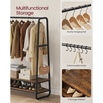 Clothes Rail, Clothes Rack With 2 Shelves, 6 S-Shaped Hooks, Steel Frame, For Bedroom