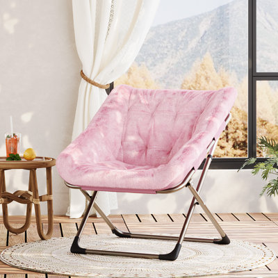 Pink Faux Fur Saucer Chair with Gold Legs, Foldable Oversized Lounge Chair for Bedroom Living Room