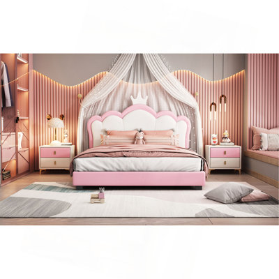 Lit double tapissier double avec tête de lit couronne, lit plateforme double avec tête de lit et pied de lit
