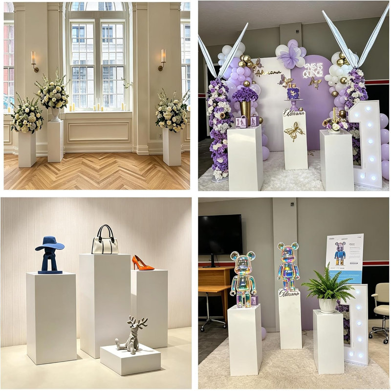 Ensemble de 3 présentoirs carrés en métal pour la décoration des fêtes, socles et piliers décoratifs pour mariages et anniversaires.