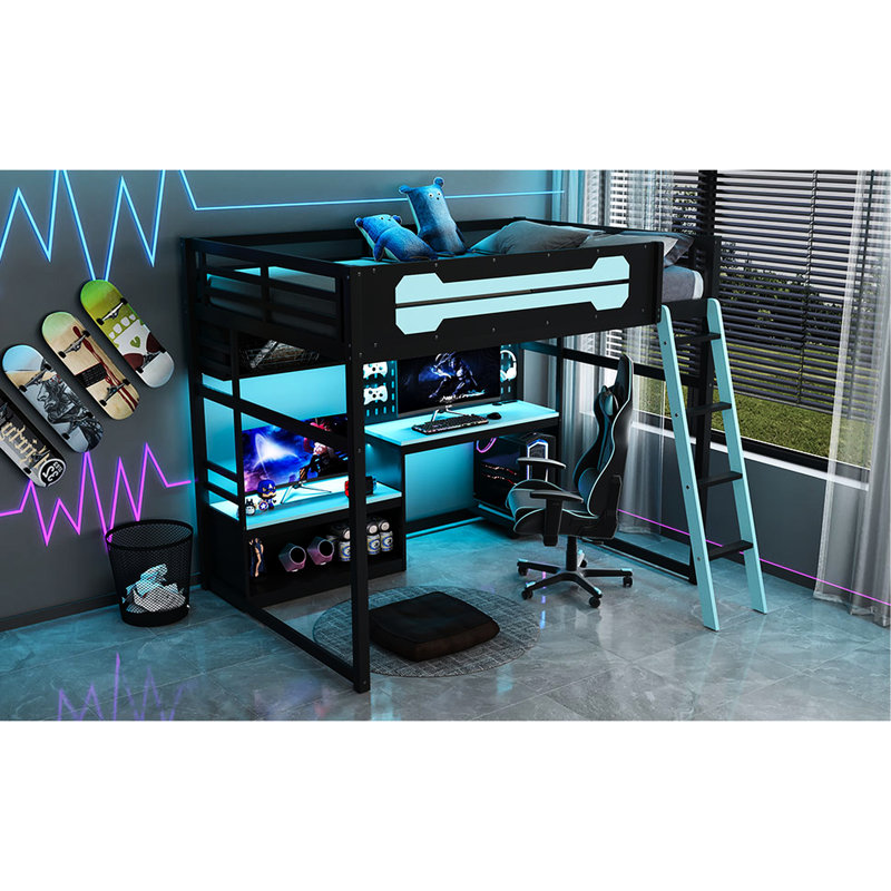 Lit mezzanine double avec bureau, tablettes, ports, éclairage à DEL et en noir + - Améliorez votre espace de jeu, les lumières de la structure en bois massif combinent style, fonctionnalité et confort.