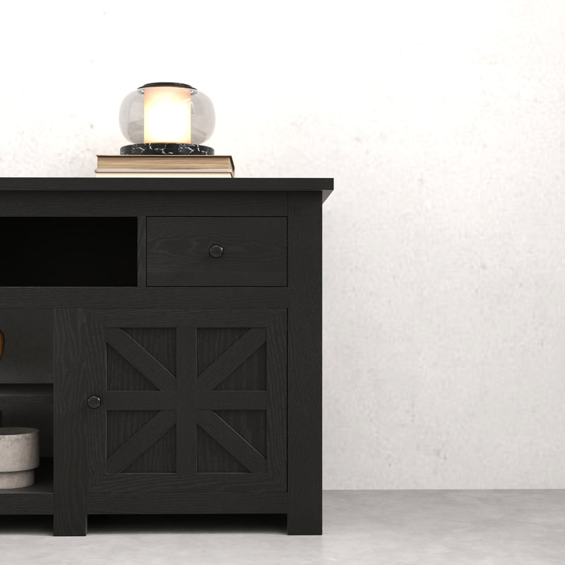 70"W Farmhouse TV Stand for TVs up to 80" with Power Outlet, 30" H x 70" W x 15.5" D, Black