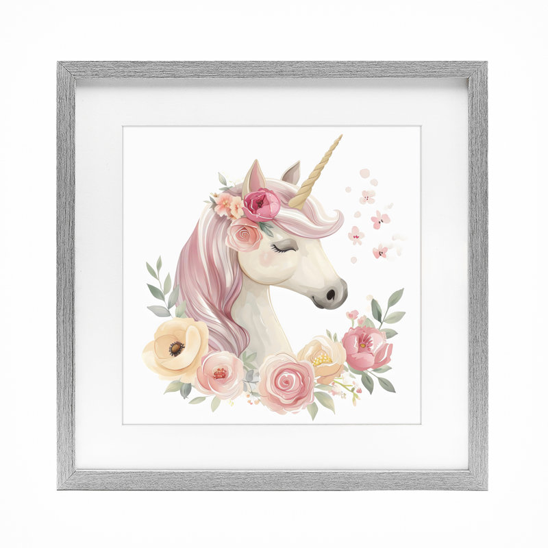 Licorne avec couronne florale, reproduction encadrée sous verre, design by Creative Studio, H 16 po x l 16 po