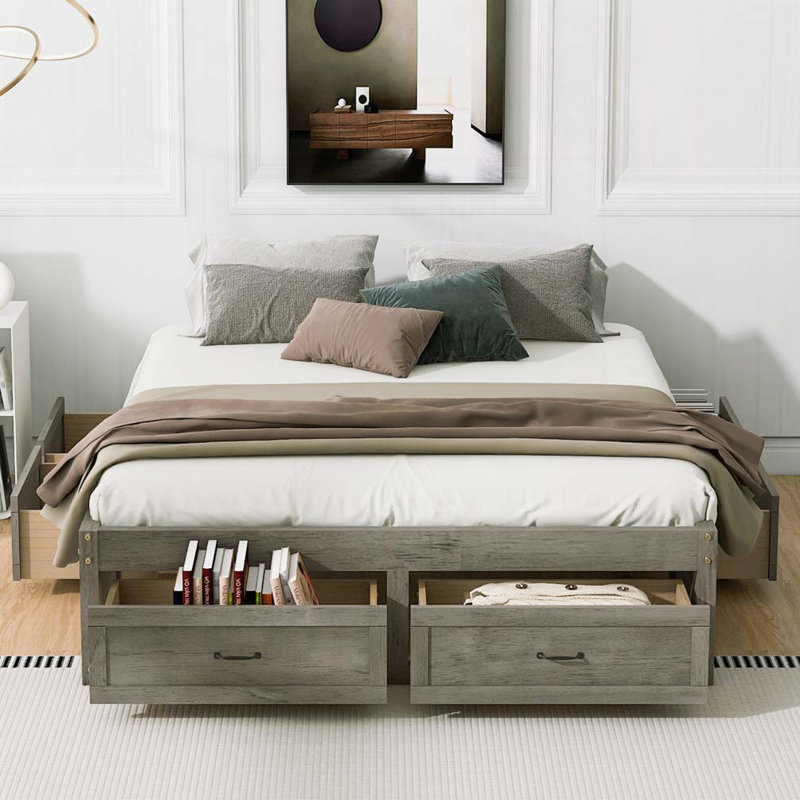 Lit plateforme en bois avec 6 tiroirs de rangement, Grand, Gris antique