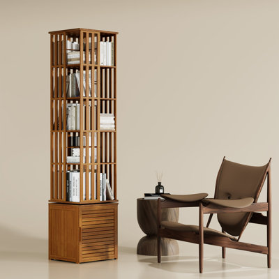 Rotating Bookcase With Storage Cabinet, Bamboo Bookshelf 360° Spinning 7 Tier Tall Narrow Display Tower Shelf, Walnut