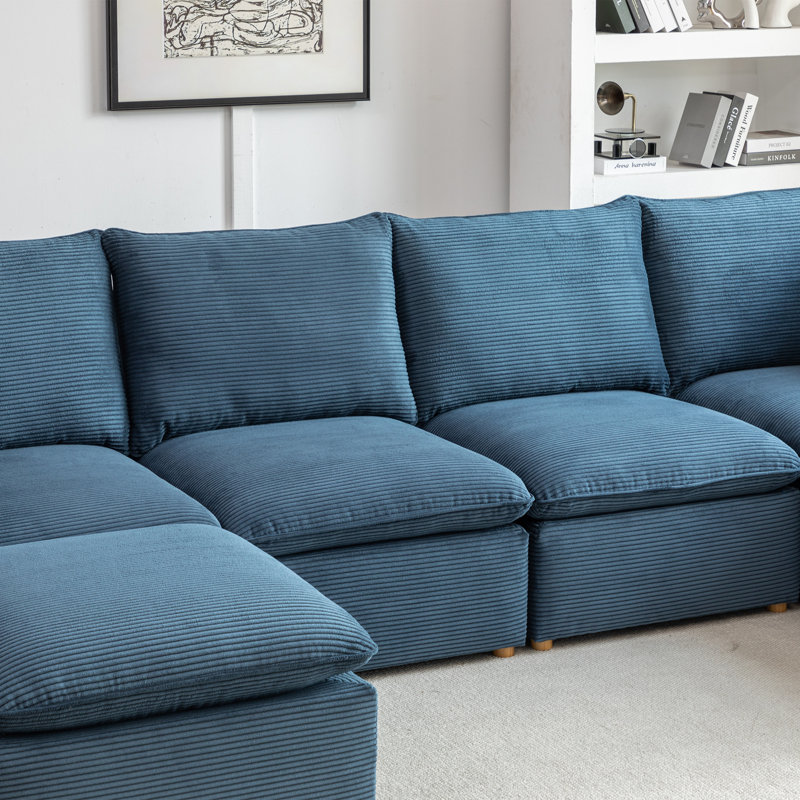 Hepworth Dejohn Corduroy Sectional Sofa With Two Ottomans, Blue Corduroy, 36" H x 125" W x 62.5" D