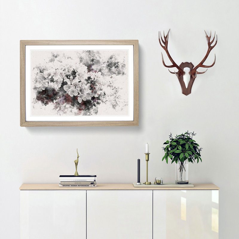 Winters Bloom Flowers Watercolour - Framed Print, 62cm H x 87cm W x 2cm D, Oak