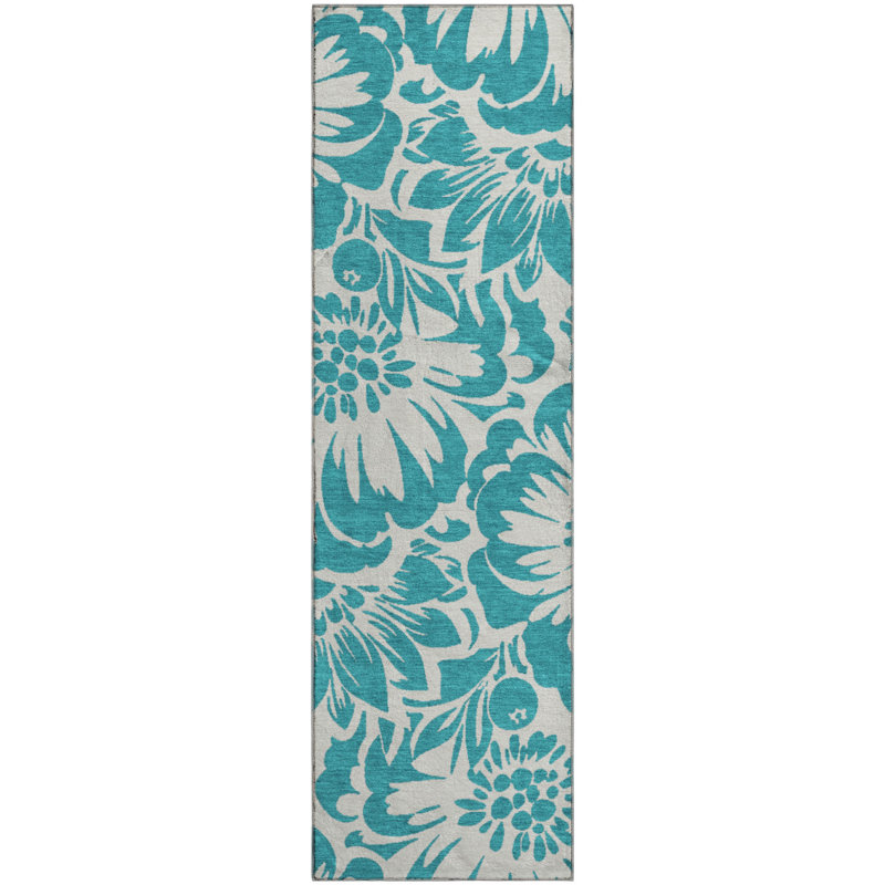 Premium Machine Washable Cerrito AMF551 Teal Rug, Runner 2'3" x 7'6"