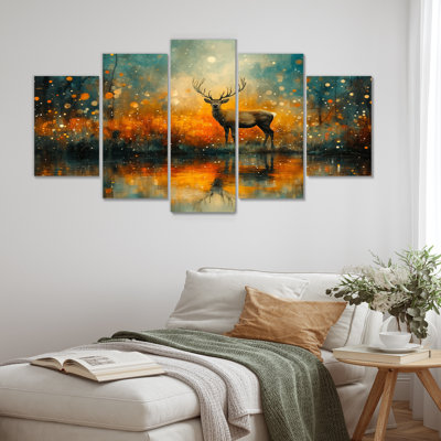 Orange Christmas Reindeer Reflection II - Christmas Santa Deer Canvas Wall Art Set