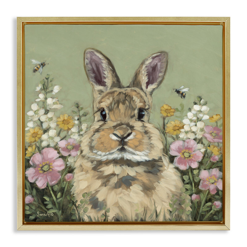 Cadre flottant Spring Abloom Rabbit, design par Sara G. Designs, Cadre flottant métallique doré, H 18 po x l 18 po