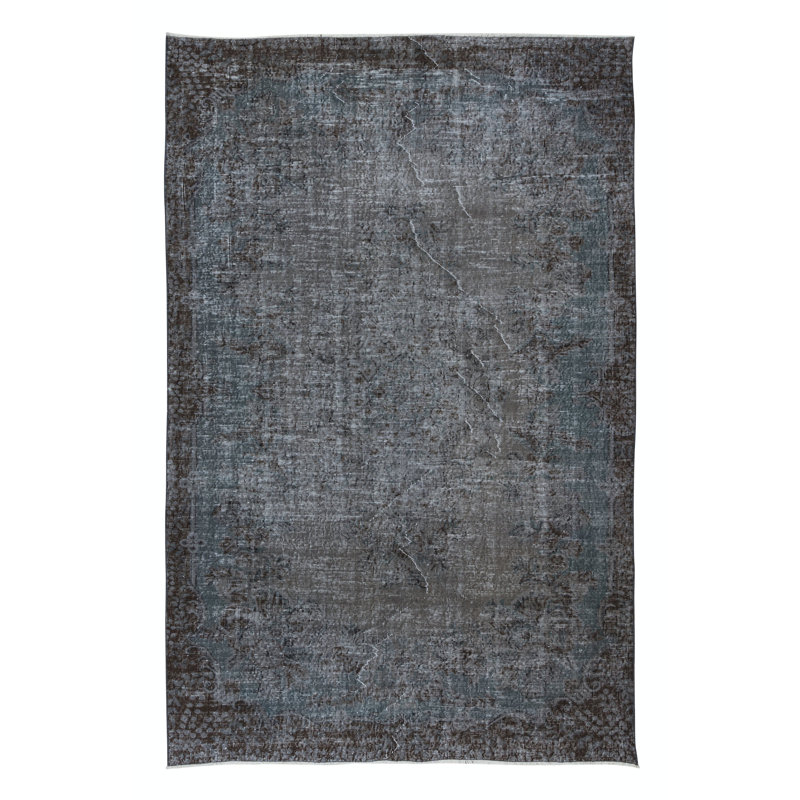 Tapis turc contemporain fait à la main de 6 x 9,4 pi en gris pur, brun et gris bleuté
