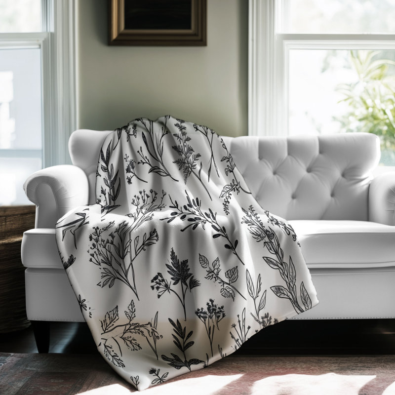 Couverture en sherpa noir de qualité supérieure 1 pièce Noir Botanical Harmony, Jeté
