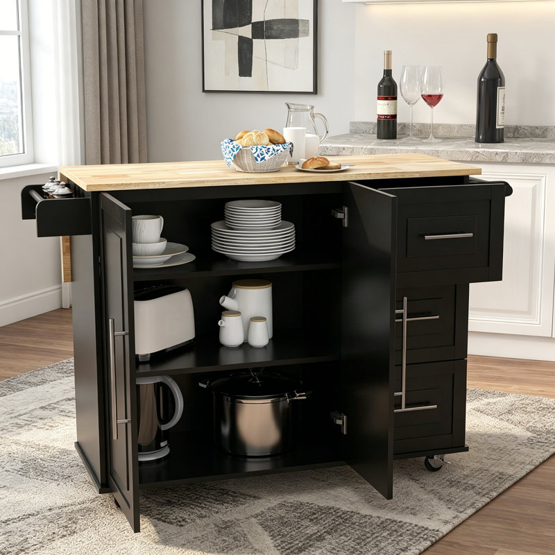 Multifunctional Kitchen Island with Spice Rack, Towel Holder, and Extensible Solid Wood Table Top for Enhanced Storage and Mobility