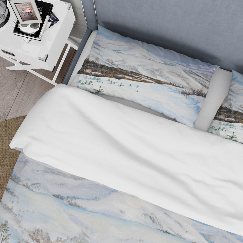 Paysage d'hiver avec montagnes enneigées - ensemble de housse de couette traditionnel - microfibre de polyester