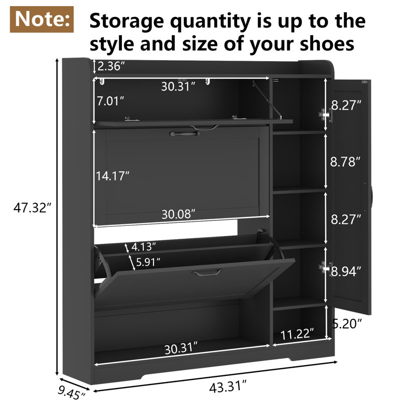 Armoire à chaussures avec 2 tiroirs rabattables, range-chaussures autoportant avec armoire latérale, Noir, noir, noir, noir