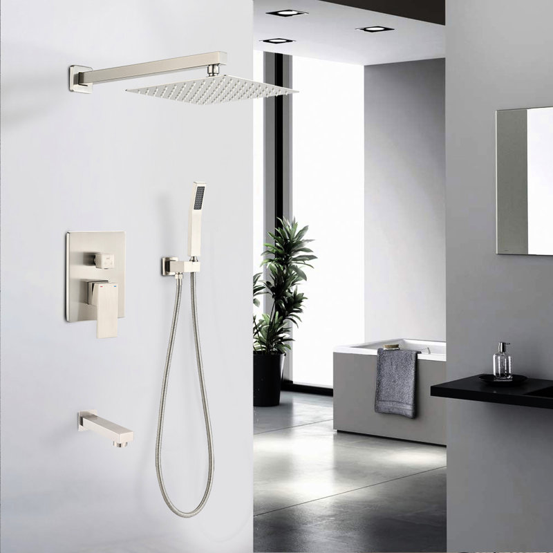 Brushed Nickel Shower Assembly - 10" Rain Head, Handheld Shower, Corrosion Resistance, Self Nozzle System In Finish 10 Inch Adjustable Water Flow, Leak Resistance