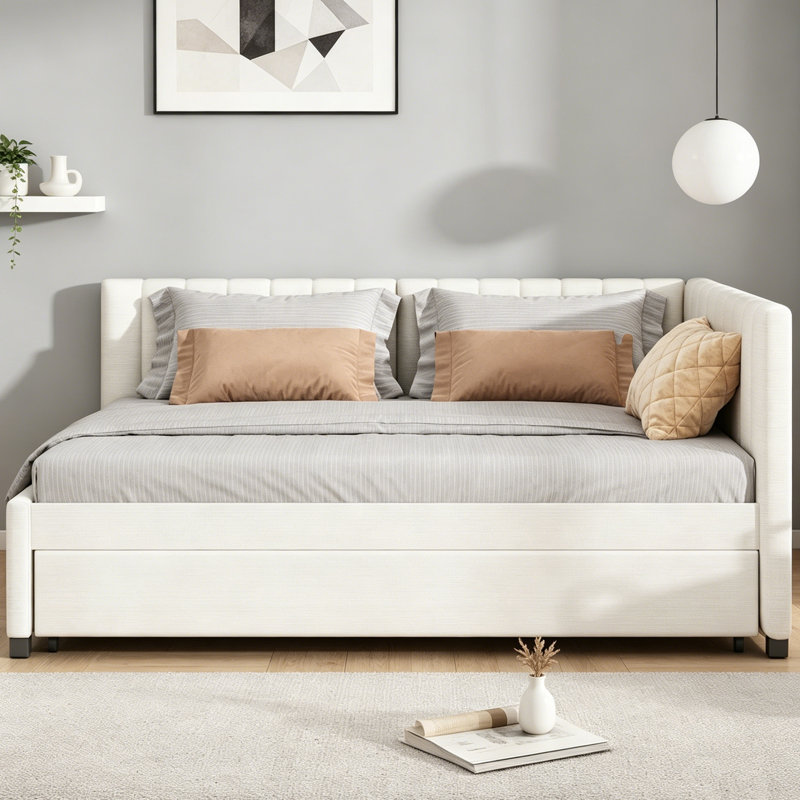Lit de jour pleine grandeur en tissu d'ameublement en lin avec couchette, aucun sommier requis, Beige