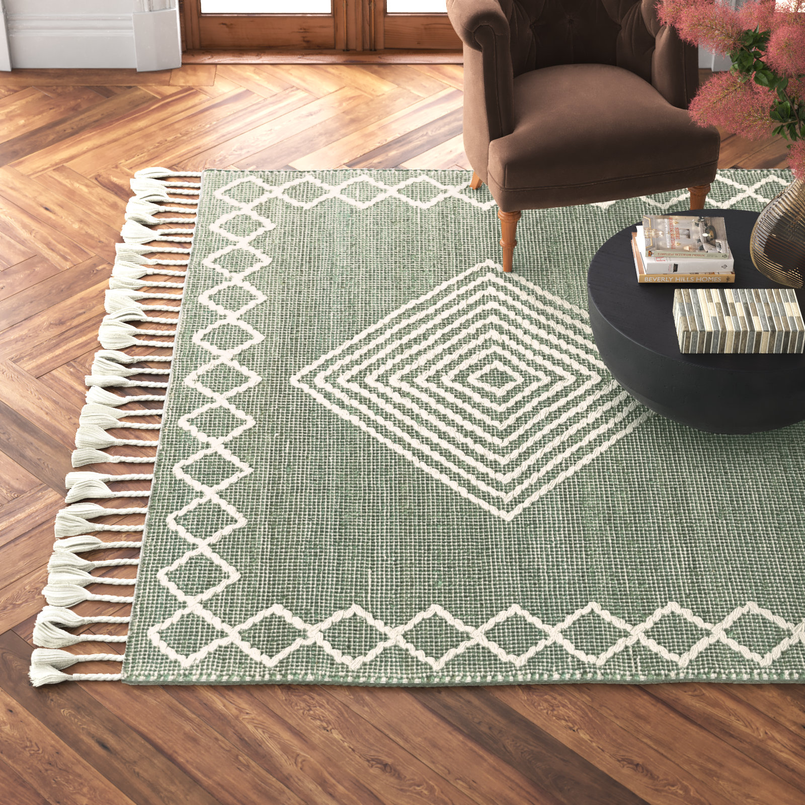 Rodriguez Hand-Woven Green Geometric Jute Rug, Rectangle 8'10" x 12'