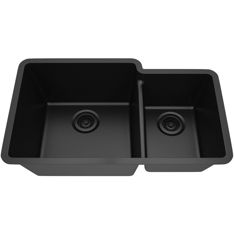32" x 19" Quartz Kitchen Sink, 60/40 Double Bowl Sink, Drop-in Sink, Undermount Sink, Granite Kitchen Sink, with 2 Steel Grids and Basket Strainer, Disposal Flange