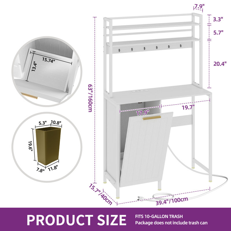 Étagère de boulanger en métal 39,4 po avec micro-ondes et poubelle de 10 gallons, Blanc