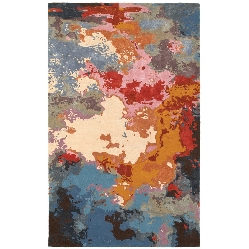 Tapis orange / bleu en laine touffeté à la main Wora, Rectangle 8 pi x 10 pi