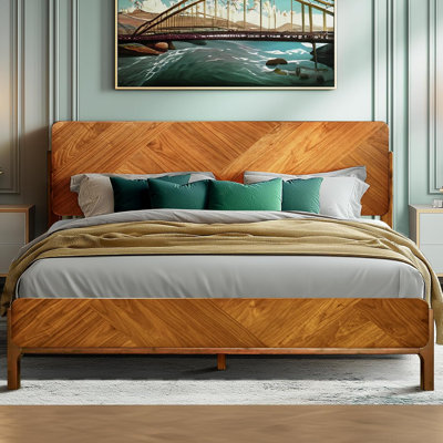 RORNS Bifrost 100% Solid Acacia Wood Queen Platform Bed with Tall Headboard and Footboard, Mid-Century Art Deco Design, No Box Spring Needed, Sturdy Slat Support, Scratch & Water-Resistant, Caramel Finish