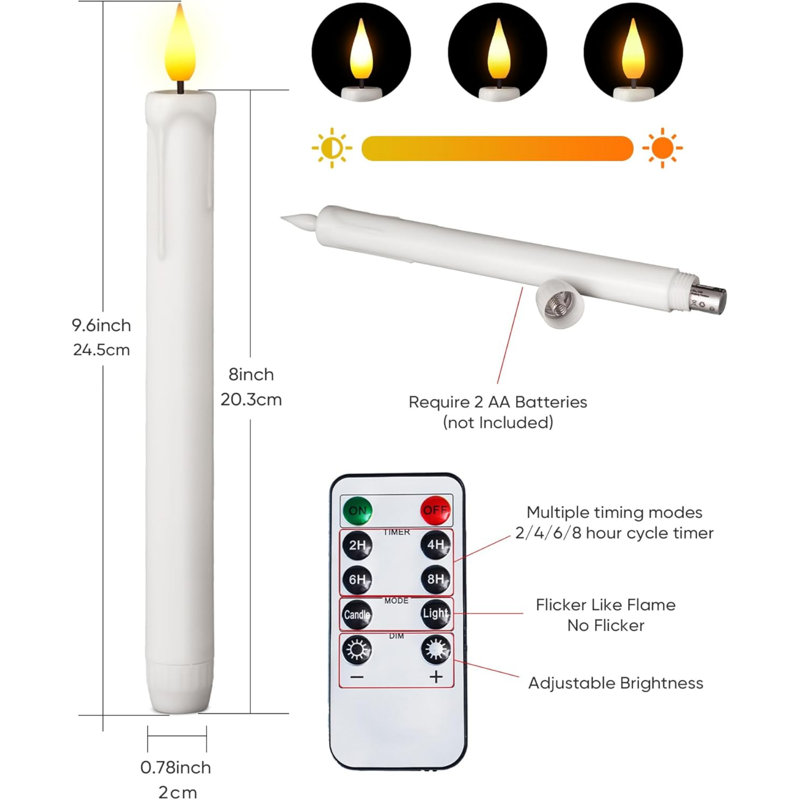 6 Pack Plastic Taper Flameless Candles with Remote, Timer, Battery Operated CandleSticks with Flickering Bright Light, 9.6 Inches for Home Decoration