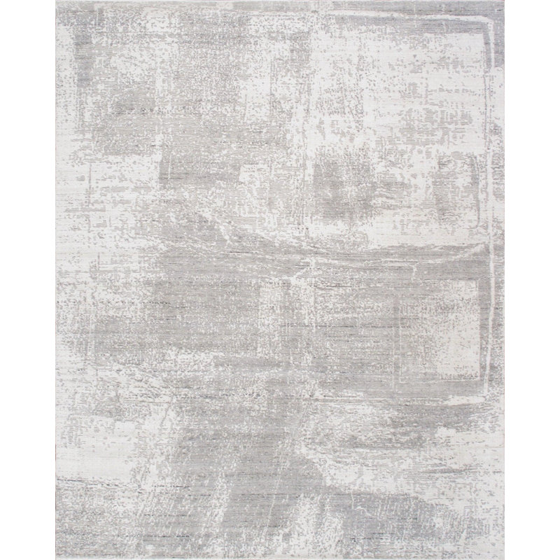 No Pattern and Not Solid Color Handmade Hand Loomed Rectangle 8'1" x 10'1" Wool/Cotton Area Rug in Gray/Ivory
