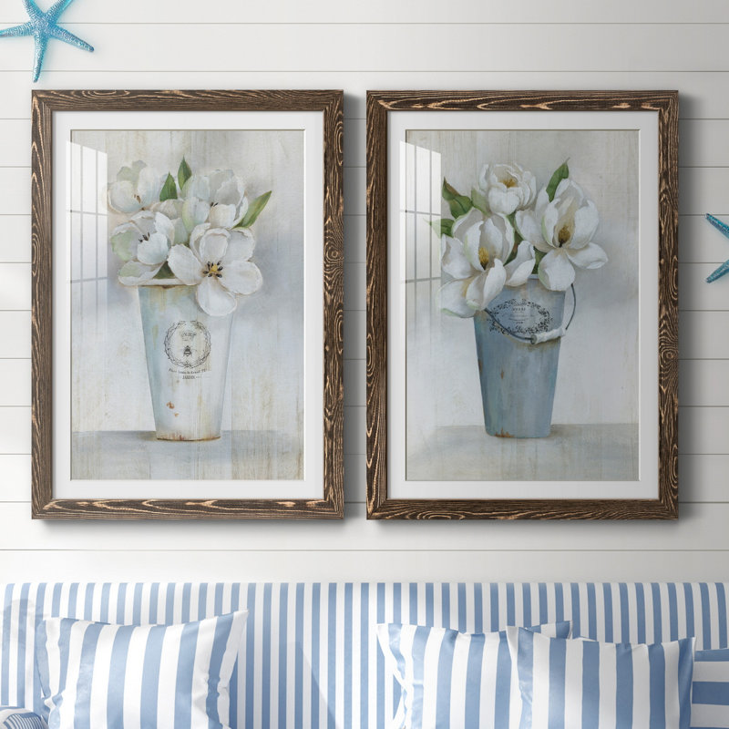 Fleuriste Francais I - ensemble de 2 reproductions d'art, H 31,5 po x l 47 po x P 1,5 po, Papier, cadre noyer, Blanc