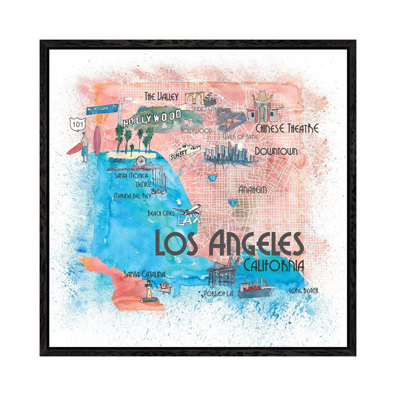 Los Angeles USA Illustrated Map by Markus & Martina Bleichner - Painting on Canvas, 93.98cm H x 93.98cm W x 3.81cm D