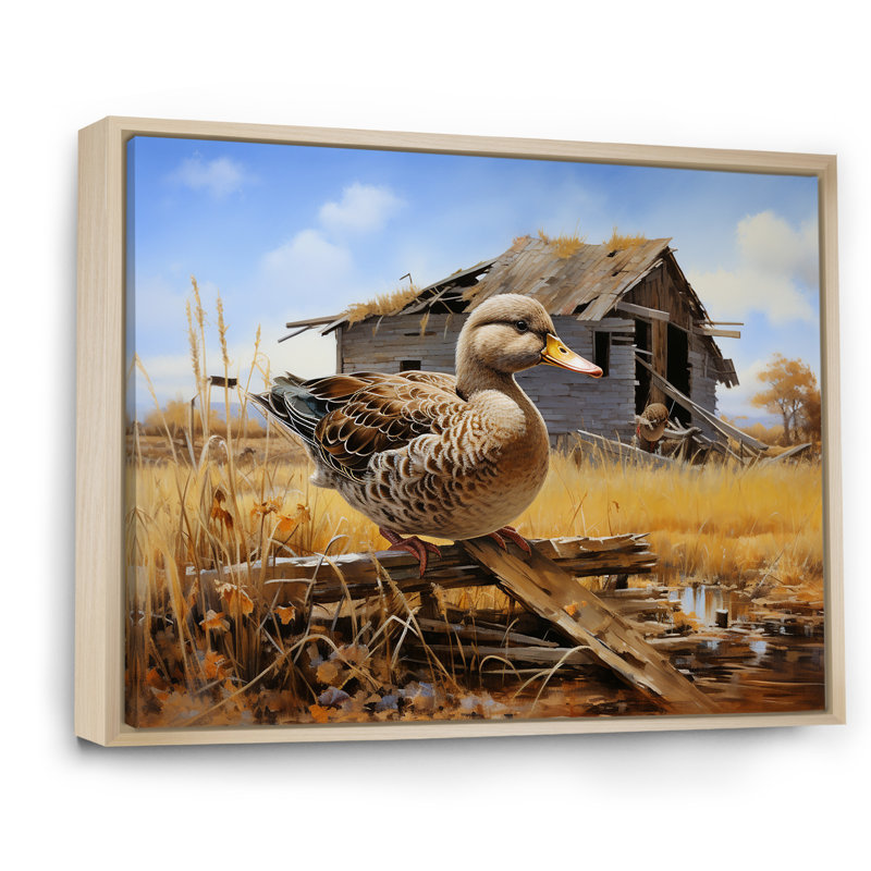 «Waddling Duck At The Barn II» - art mural canard, Cadre flottant brun, H 30 po x l 40 po x P 1,5 po